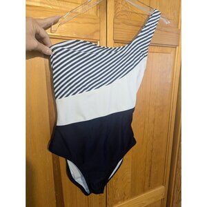 Kona Sol Women's Swimsuit Medium One Shoulder‎ Navy Blue Striped Resort